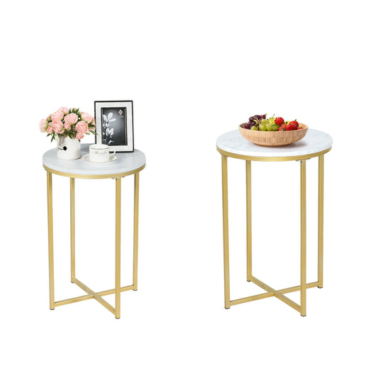 Giantex Round Side Table, X-Shaped End Table with Marble Top&Gold Base, Small Nightstand for Living Room, Accent Tables Cheap