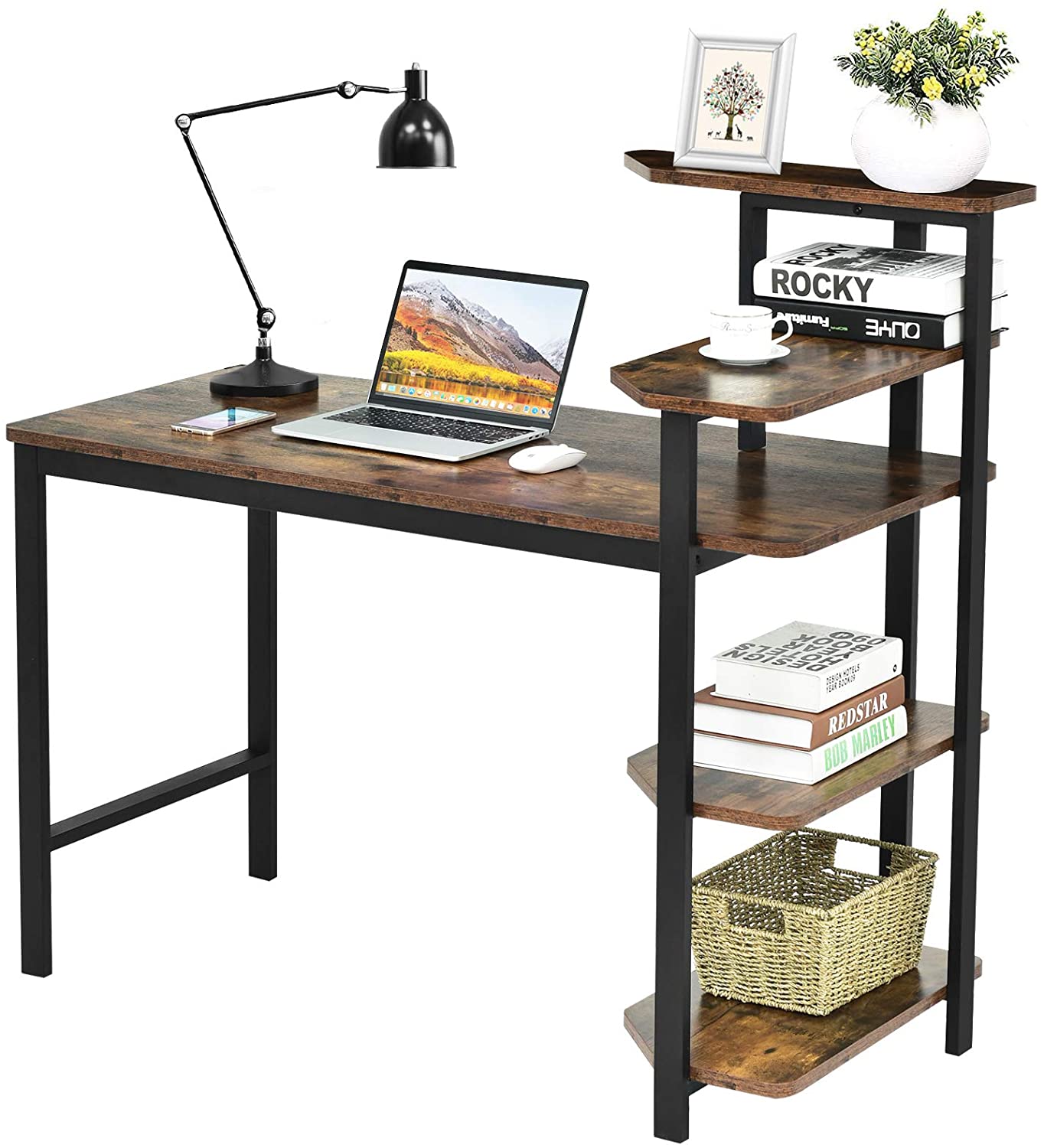 Giantex Home Office Desks, Computer Desk with Storage Shelves, Writing Desk for Student and woker, Writing Study, Industry Modern Table for Bedroom, Home, Office (Coffee)