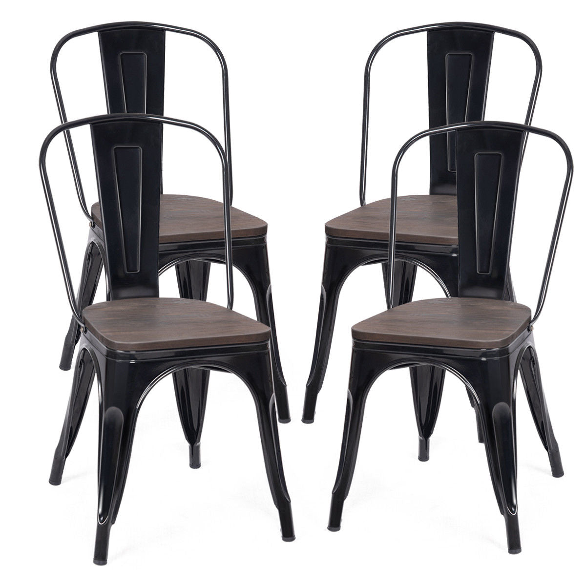 Giantex Set of 4 Tolix Style Metal Dining Side Chair Wood Seat Stackable