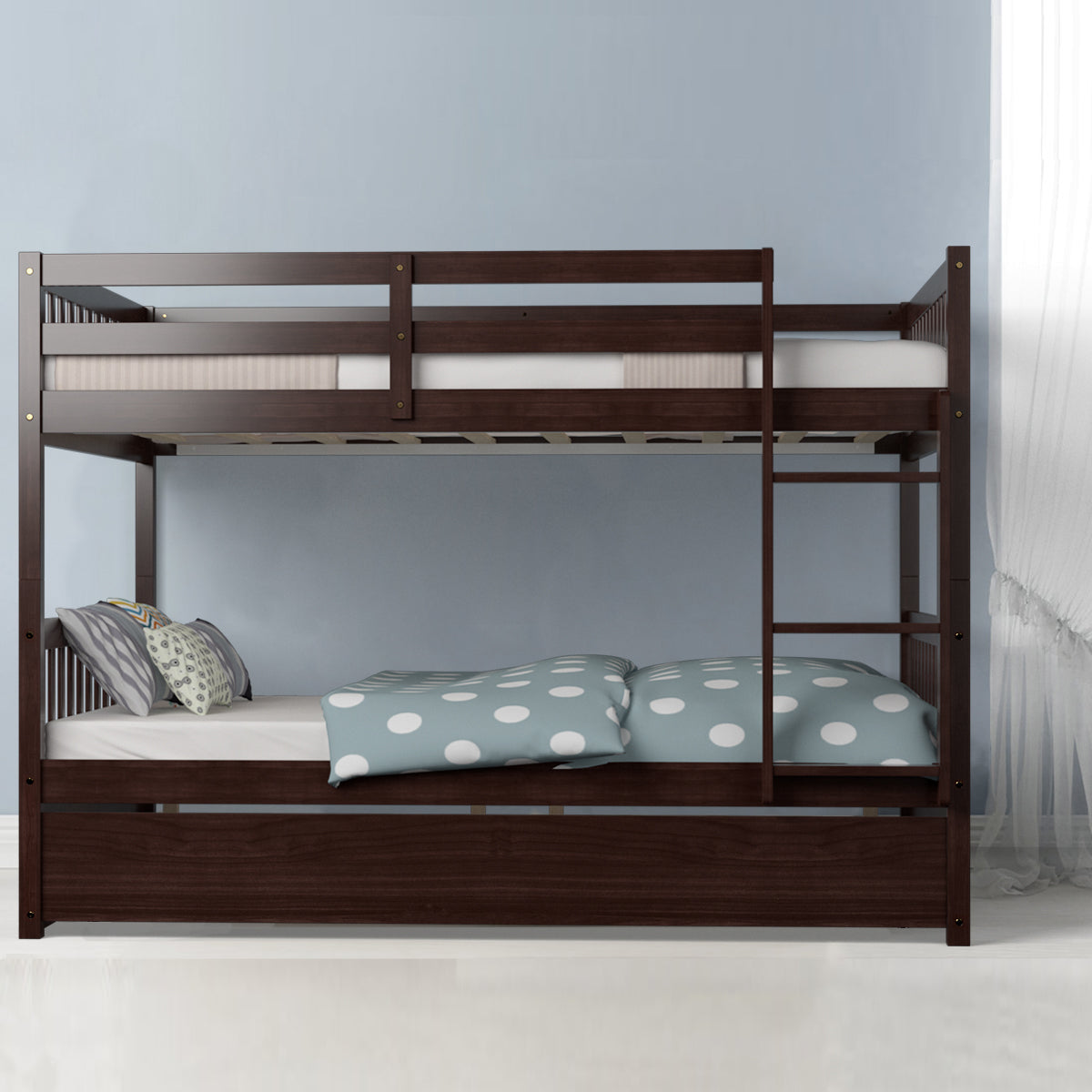 Giantex Full over Full Bunk Bed Platform Wood Bed Trundle & Ladder Rail, Coffee