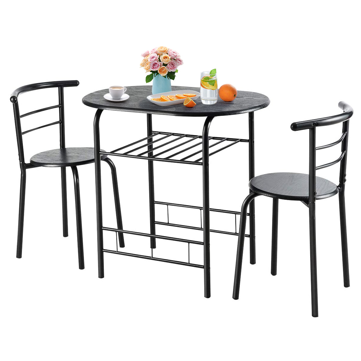 Giantex 3 Piece Compact Dining Set, Dining Table and 2 Chairs with Metal Frame and Shelf Storage, Couple Table Chair Set for 2, Black