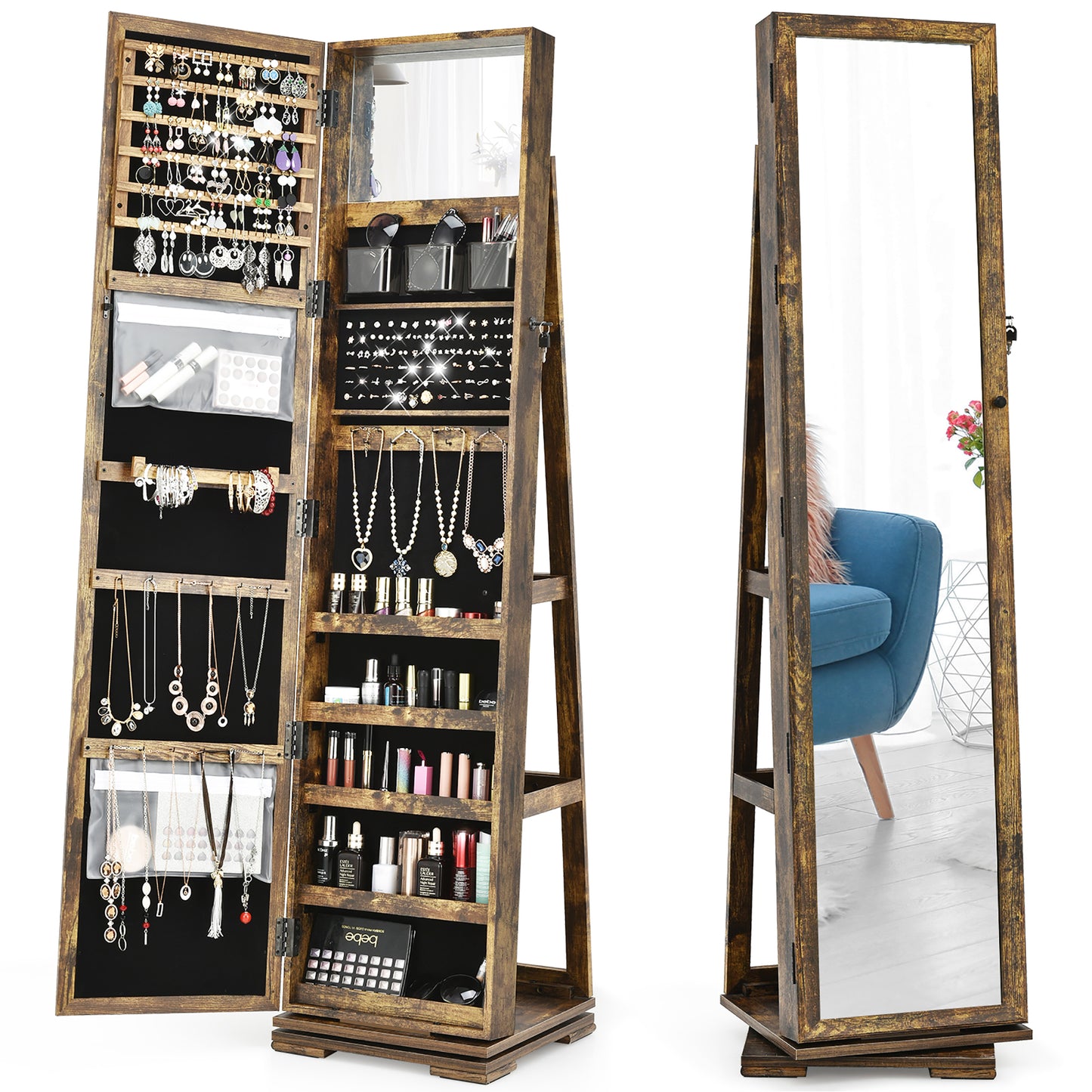 Giantex 360¡ã Rotating Jewelry Armoire w/Higher Full Length Mirror, Standing Lockable Cabinet Organizer w/ Large Storage Capacity, Inside Makeup Mirror(Coffee)