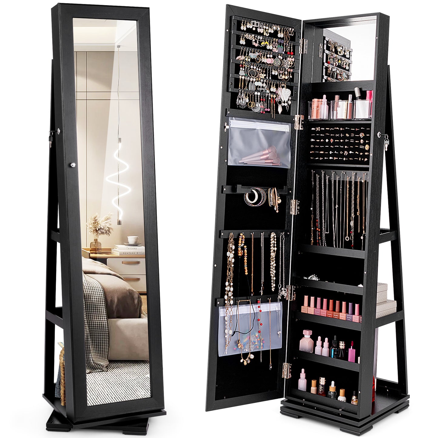 Giantex 360¡ã Rotating Jewelry Armoire w/Higher Full Length Mirror, Standing Lockable Cabinet Organizer w/ Large Storage Capacity, Inside Makeup Mirror(Black)