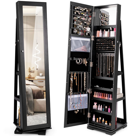 Giantex 360¡ã Rotating Jewelry Armoire w/Higher Full Length Mirror, Standing Lockable Cabinet Organizer w/ Large Storage Capacity, Inside Makeup Mirror(Black)
