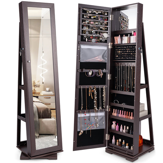Giantex 360¡ã Rotating Jewelry Armoire w/Higher Full Length Mirror, Standing Lockable Cabinet Organizer w/ Large Storage Capacity, Inside Makeup Mirror(Dark Brown)