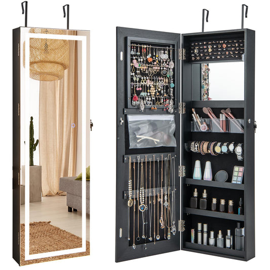 Giantex 47¡¯¡¯ Jewelry Cabinet w/LED Touch Screen Mirror, Wall/Door Mounted Full Length Mirror w/ 3-Color Lights, Lockable Jewelry Organizer Armoire (Black)