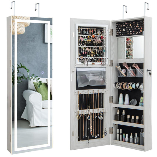 Giantex 47¡¯¡¯ Jewelry Cabinet w/LED Touch Screen Mirror, Wall/Door Mounted Full Length Mirror w/ 3-Color Lights, Lockable Jewelry Organizer Armoire (White)