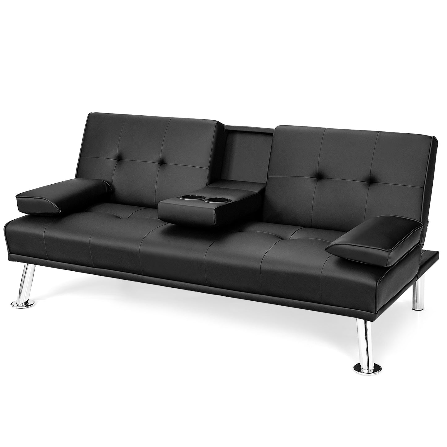 Giantex Modern Convertible Futon Sofa Bed, Faux Leather Upholstered Futon Sofa Sleeper w/Metal Leg, Removable Armrests, 2 Cup Holders, Backrest Adjustable, Folding Futon Sofa Bed for Apartment (Black)