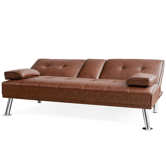 Giantex Modern Convertible Futon Sofa Bed, Faux Leather Upholstered Futon Sofa Sleeper w/Metal Leg, Removable Armrests, 2 Cup Holders, Backrest Adjustable, Folding Futon Sofa Bed for Apartment(Brown)