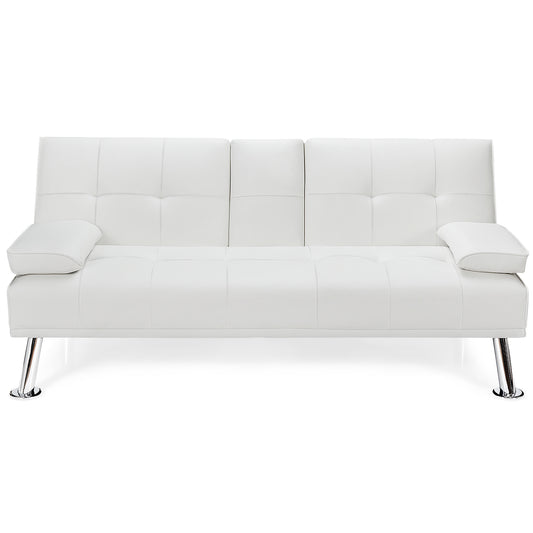Giantex Modern Convertible Futon Sofa Bed, Faux Leather Upholstered Futon Sofa Sleeper w/Metal Leg, Removable Armrests, 2 Cup Holders, Backrest Adjustable, Folding Futon Sofa Bed for Apartment(White)