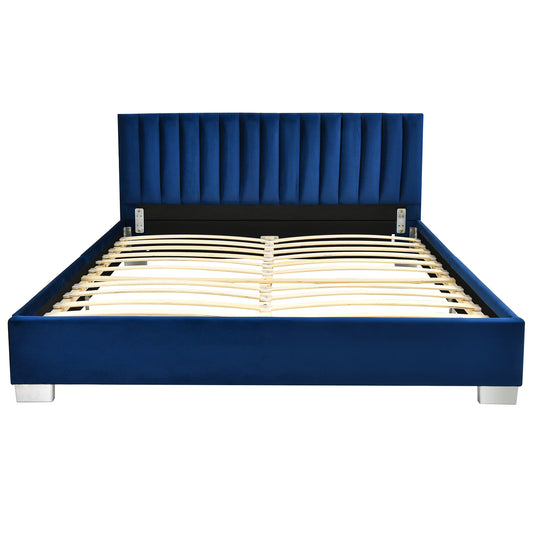 Giantex Full Tufted Upholstered Platform Bed Frame Flannel Headboard Navy Blue
