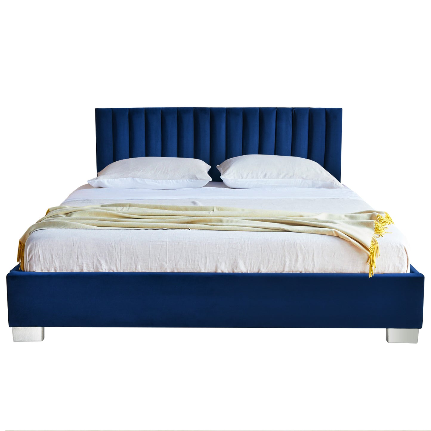 Giantex Queen Platform Bed Frame Flannel Headboard Navy Blue, Navy