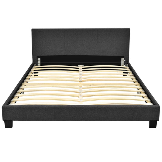 Giantex Queen Upholstered Platform Bed Frame with Linen Headboard Wood Slat Gray