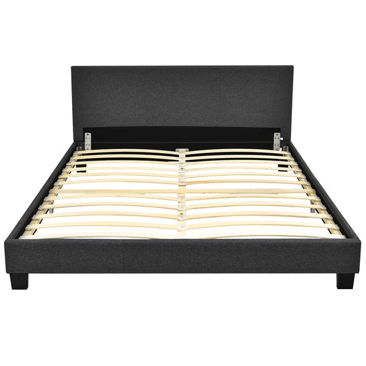 Giantex Full Platform Bed Frame with Linen Headboard Wood Slat Gray