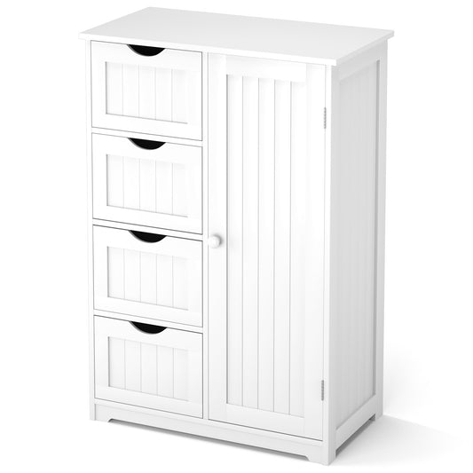 Giantex Bathroom Floor Cabinet Wooden with 1 Door & 4 Drawer, Free Standing Wooden Entryway Cupboard Spacesaver Cabinet, White