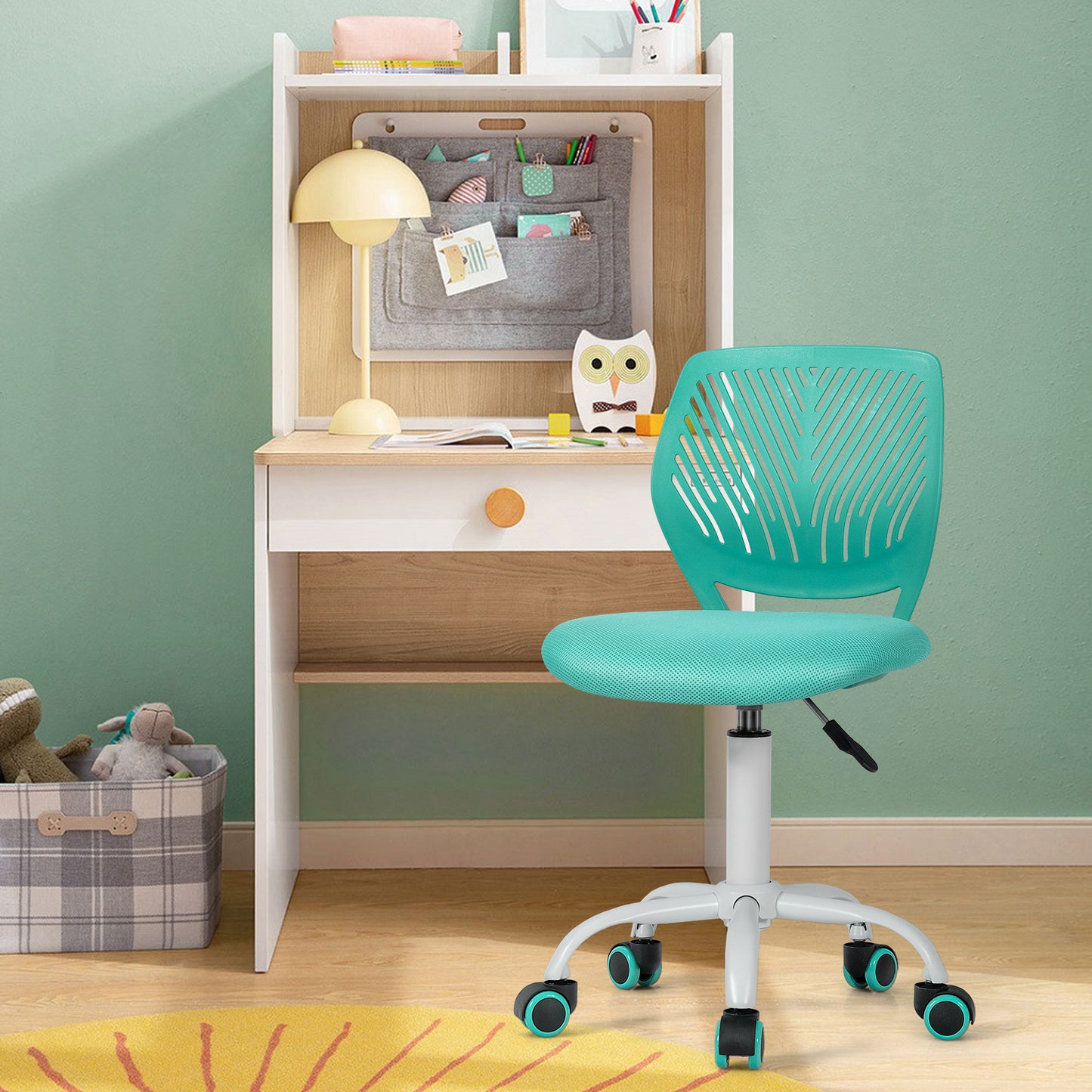 Giantex Swivel Office Desk Chair, Small Armless Task Chair with Hollow-out Back, Upholstered Mesh Seat, Sturdy Construction, Height Adjustable Computer Chair for Study, Green