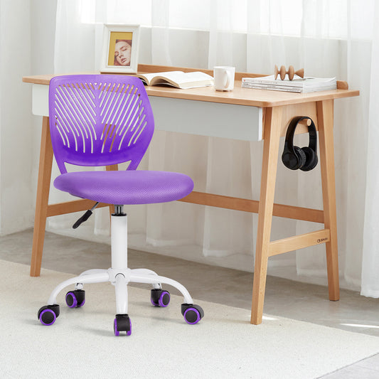 Giantex Swivel Office Desk Chair, Small Armless Task Chair with Hollow-out Back, Upholstered Mesh Seat, Sturdy Construction, Height Adjustable Computer Chair for Study, Purple