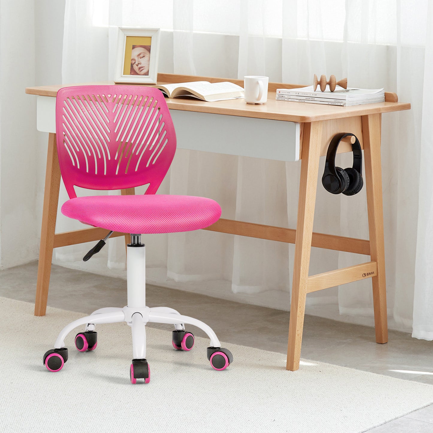 Giantex Swivel Office Desk Chair, Small Armless Task Chair with Hollow-out Back, Upholstered Mesh Seat, Sturdy Construction, Height Adjustable Computer Chair for Study