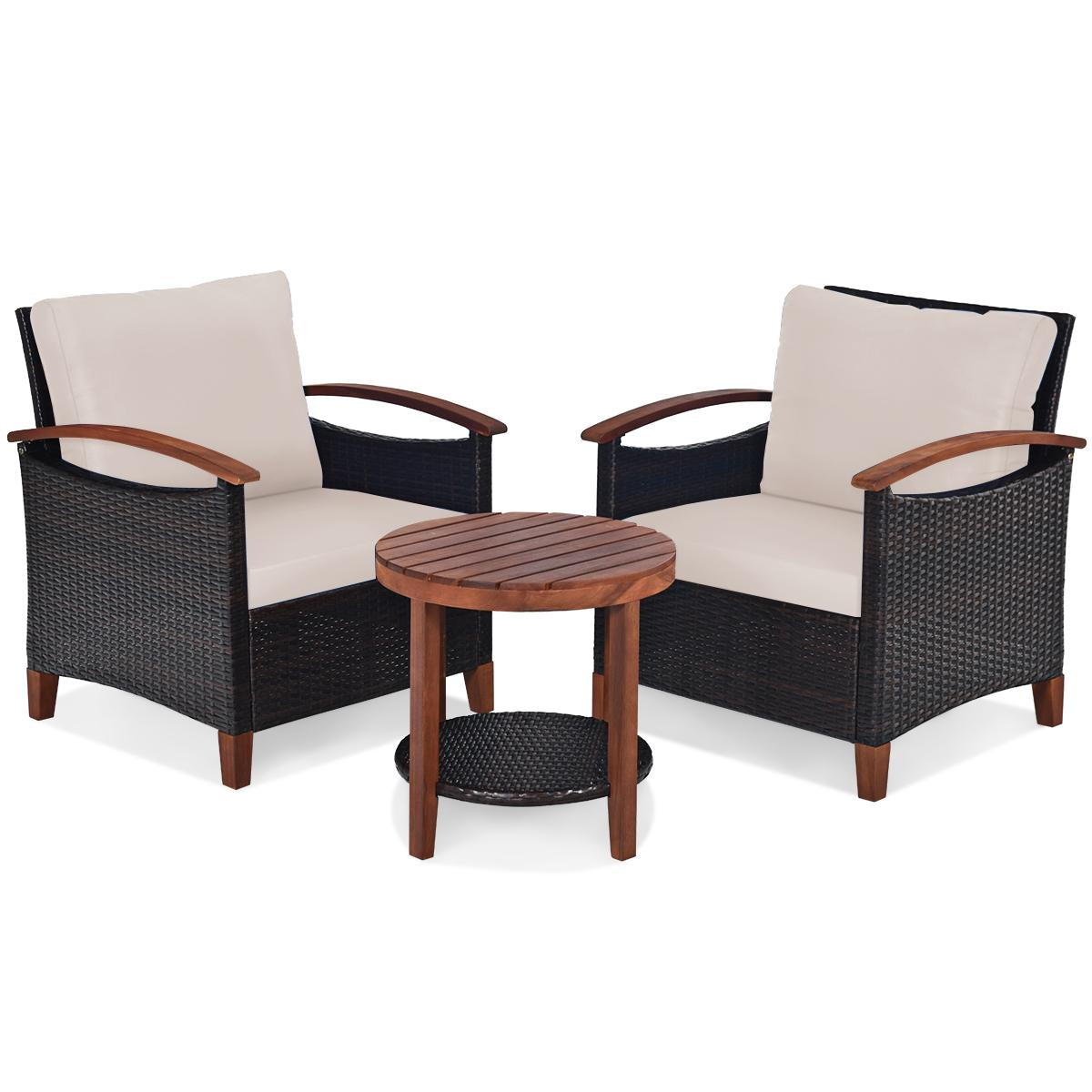 Giantex 3 Pieces Patio Furniture Set, Outdoor Rattan Sofa and Side Table w/Solid Acacia Wood Frame, High Load Bearing Conversation Bistro Set w/Washable and Removable Cushions