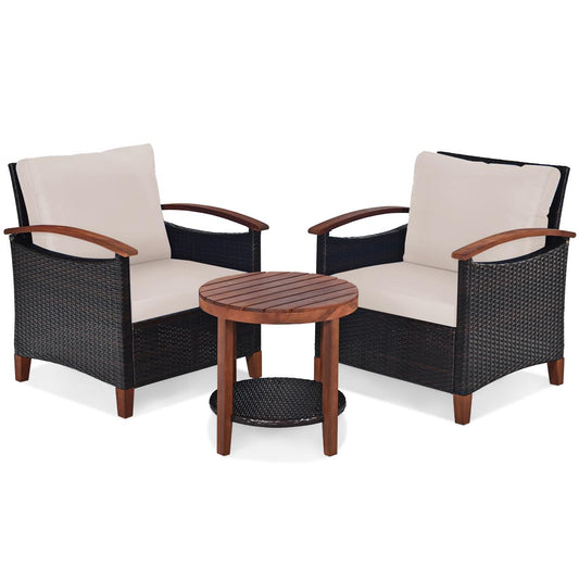 Giantex 3 Pieces Patio Furniture Set, Outdoor Rattan Sofa and Side Table w/Solid Acacia Wood Frame, High Load Bearing Conversation Bistro Set w/Washable and Removable Cushions