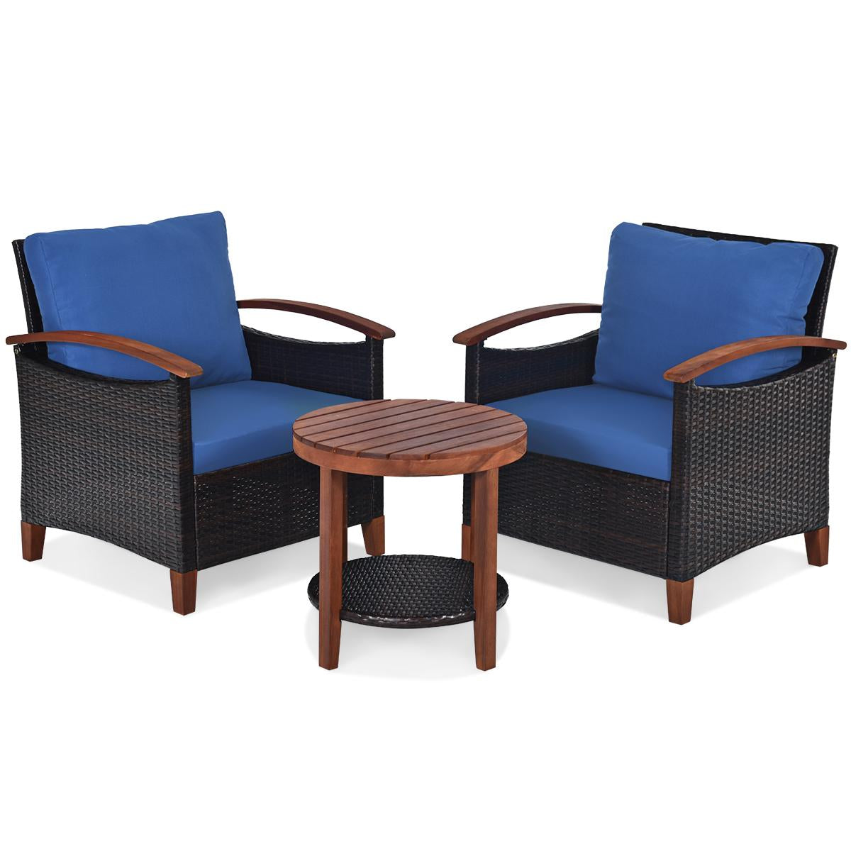 Giantex 3 Pieces Patio Furniture Set, Outdoor Rattan Sofa and Side Table w/Solid Acacia Wood Frame, High Load Bearing Conversation Bistro Set w/Washable and Removable Cushions