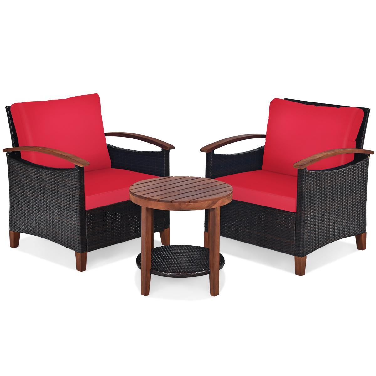Giantex 3 Pieces Patio Furniture Set, Outdoor Rattan Sofa and Side Table w/Solid Acacia Wood Frame, High Load Bearing Conversation Bistro Set w/Washable and Removable Cushions