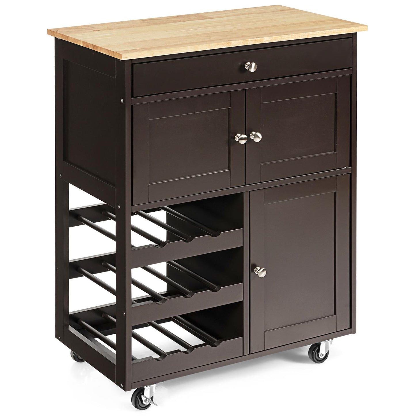 Giantex Kitchen Island Cart on Wheels, Rolling Kitchen Cart with 1 Drawer, 1 Wine Rack & 2 Storage Cabinets, Ideal for Kitchen, Dining Room, Living Room and Restaurant, 26.5 x 14.5 x 34 inches (Brown)