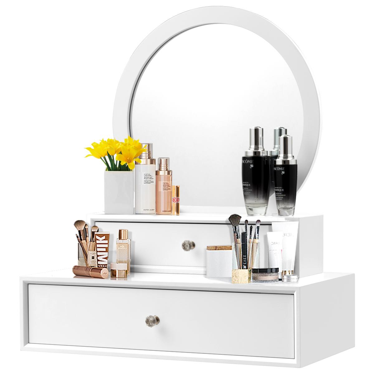 Giantex 2 Removable Spacious Drawer, 2 in 1 Vanity Top, Space-Saving Wall Mount & Placed, Dressing Table w/Round Mirror, Ideal for Bedroom, Bathroom &Hallw, White