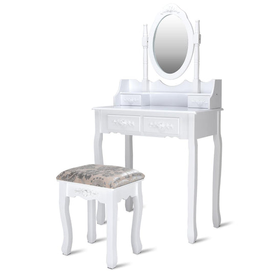 Giantex Vanity Table Set with Oval Mirror and 4 Drawers, Makeup Dressing Table with Cushioned Stool, Wooden Makeup Table for Bedroom Bathroom Girls Women, White