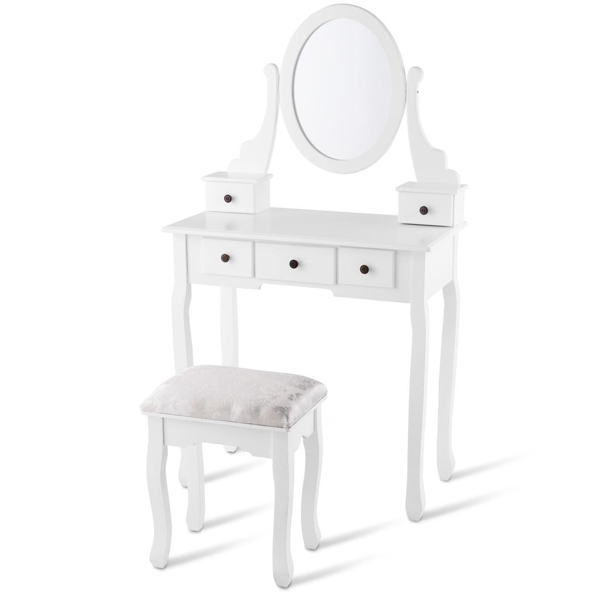 Giantex Makeup Vanity Table Set with Cushioned Stool, Removable Table Top Dressing Table Set with 5 Drawers and 360¡ã Rotating Round Mirror, Writing Desk for Bedroom Dressing Room Cloakroom, White