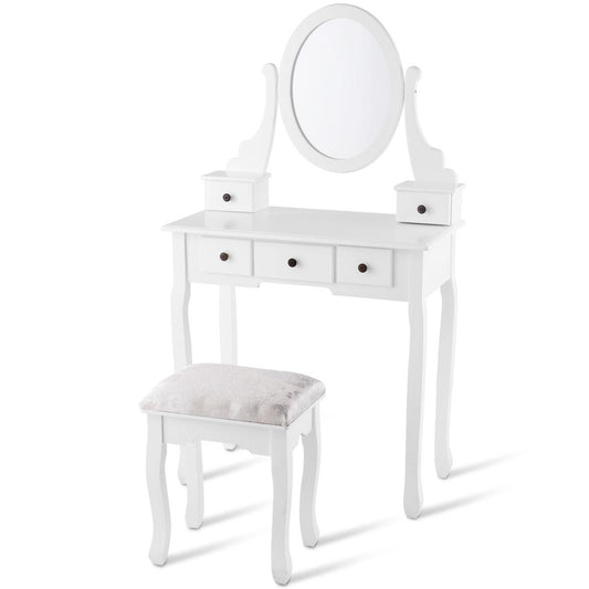 Giantex Makeup Vanity Table Set with Cushioned Stool, Removable Table Top Dressing Table Set with 5 Drawers and 360¡ã Rotating Round Mirror, Writing Desk for Bedroom Dressing Room Cloakroom, White