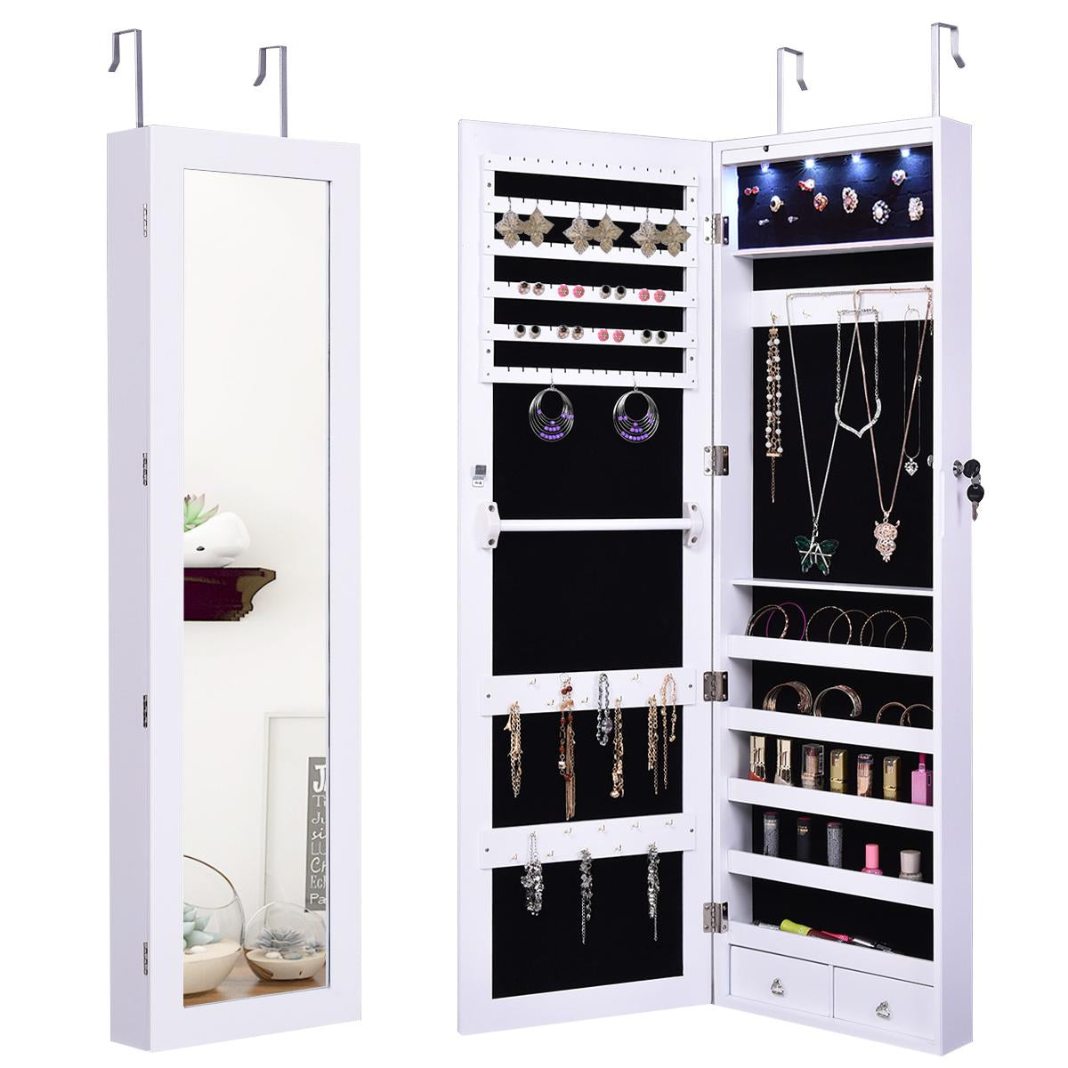 Giantex 15 LEDs Mirror Jewelry Armoire, Lockable Wall Door Mounted Jewelry Cabinet with Full-Length Mirror, Large Storage Capacity Jewelry Organizer Cabinet Armoire for Girls Women, White