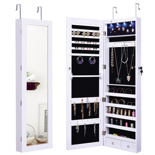 Giantex 15 LEDs Mirror Jewelry Armoire, Lockable Wall Door Mounted Jewelry Cabinet with Full-Length Mirror, Large Storage Capacity Jewelry Organizer Cabinet Armoire for Girls Women, White