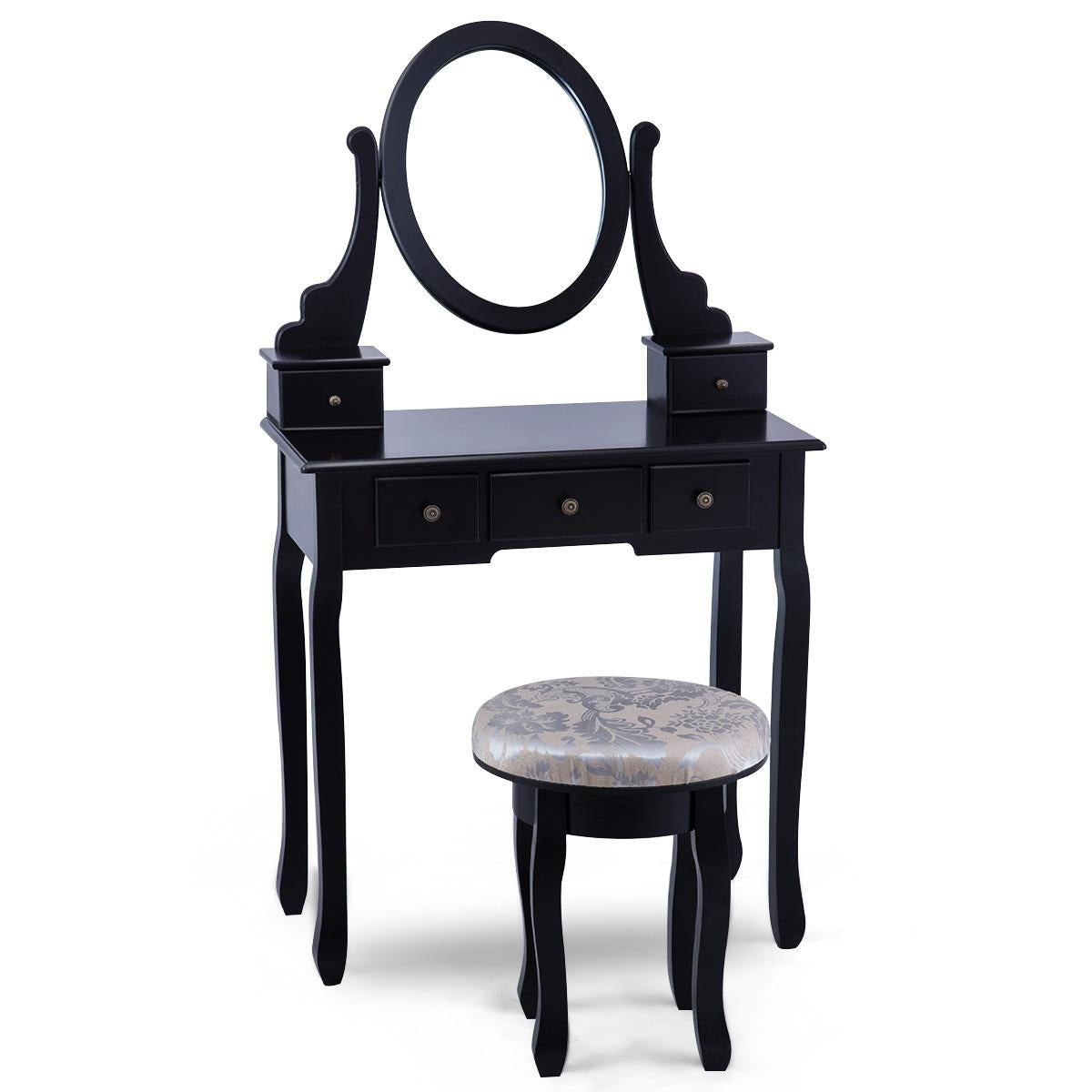 Giantex Vanity Set, Makeup Dressing Table Set with 360¡ãRotating Mirror with 5 Drawers, Dresser Soft Cushioned Stool for Comfortable Sitting, Solid Wood Legs for Strong Construction, Black