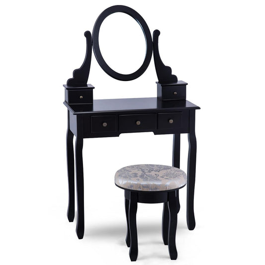 Giantex Vanity Set, Makeup Dressing Table Set with 360¡ãRotating Mirror with 5 Drawers, Dresser Soft Cushioned Stool for Comfortable Sitting, Solid Wood Legs for Strong Construction, Black