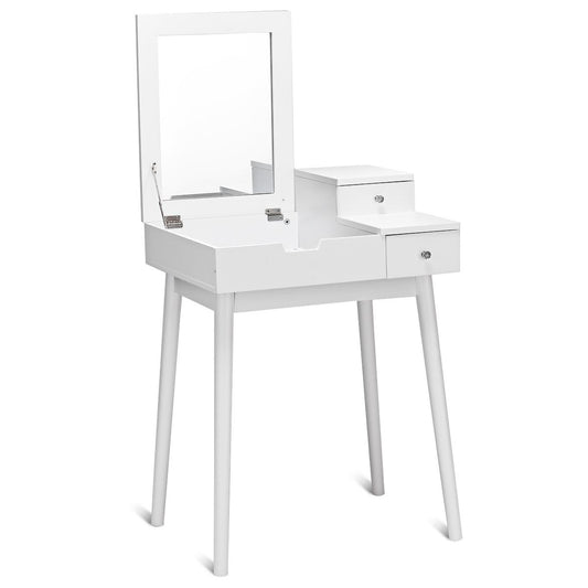 Giantex Vanity Table Set with Flip Top Mirror, Makeup Dressing Table Writing Desk Computer Laptop Desk w/ 2 Drawers & Cushioned Concave Stool, Folding Mirrored Large Storage Organizer, White