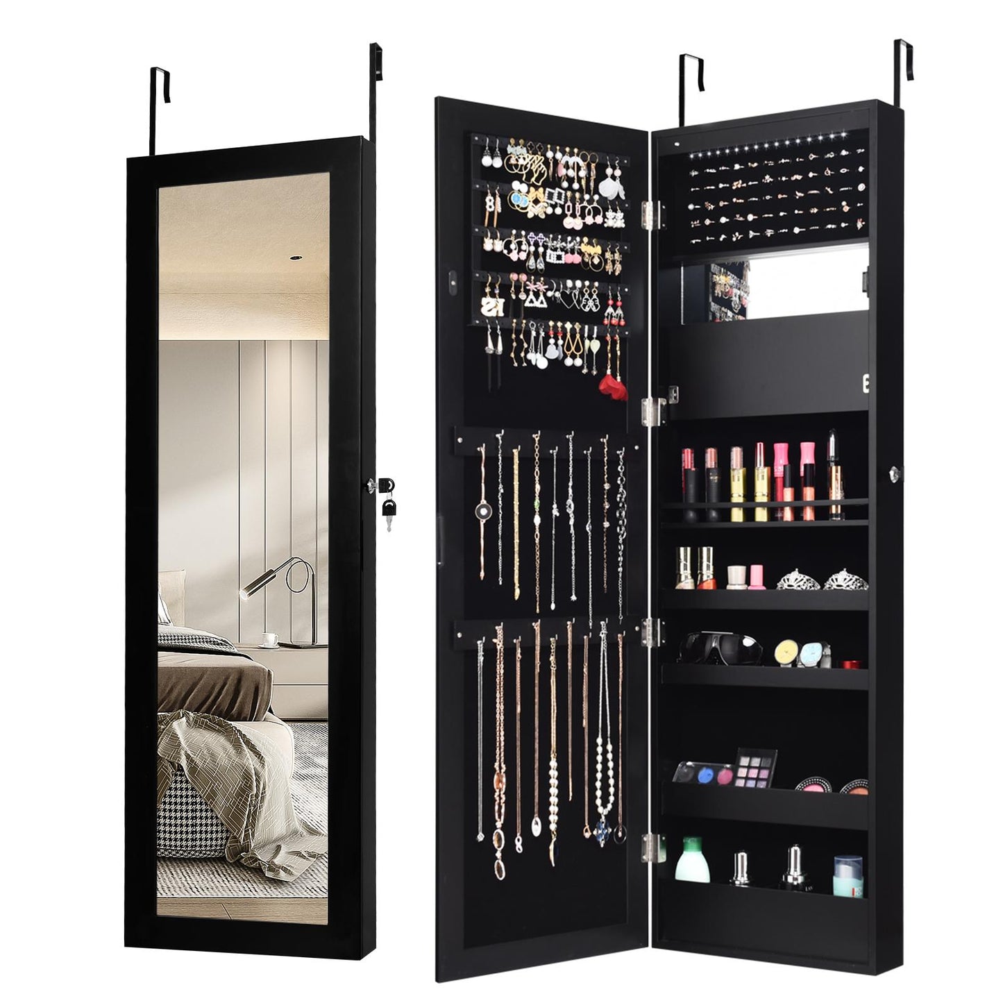 Giantex LED Jewelry Cabinet Wall Door Mounted, Lockable Jewelry Armoire with Full Length Mirror, Cosmetics Tray, Brush Holders, Build-in Makeup Mirror, Jewelry Cabinet for Women Girls