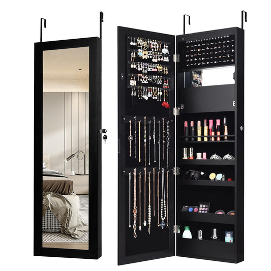 Giantex LED Jewelry Cabinet Wall Door Mounted, Lockable Jewelry Armoire with Full Length Mirror, Cosmetics Tray, Brush Holders, Build-in Makeup Mirror, Jewelry Cabinet for Women Girls