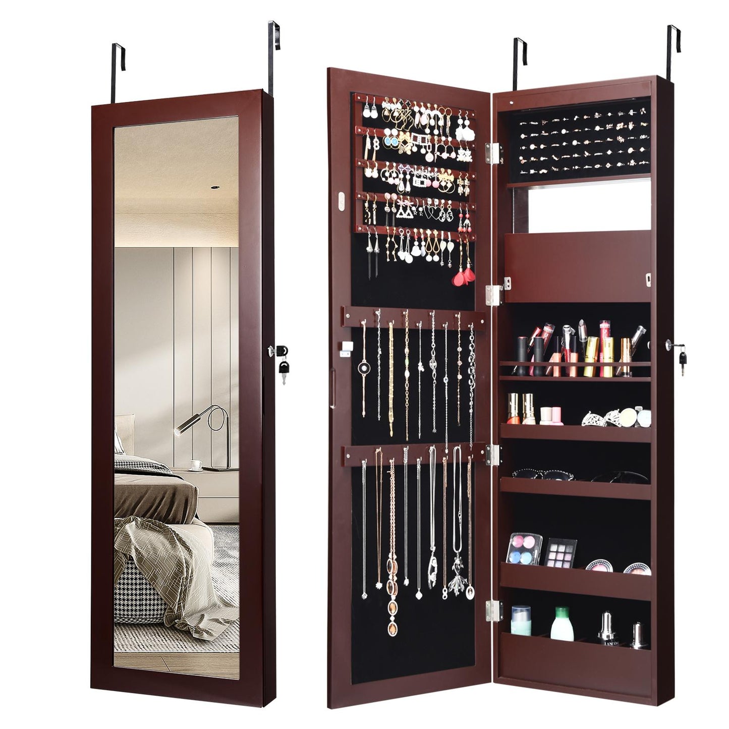 Giantex LED Jewelry Cabinet Wall Door Mounted, Lockable Jewelry Armoire w/Full Length Mirror, Cosmetics Tray, Brush Holders, Build-in Makeup Mirror for Women Girls (Brown)