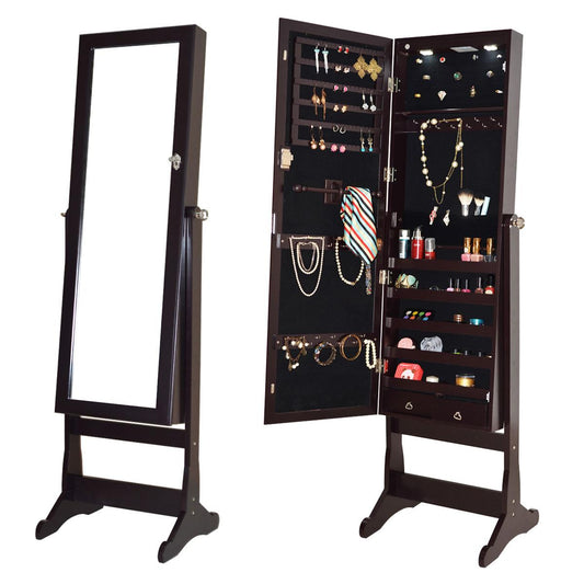 Giantex Jewelry Cabinet Mirror with LED Lights Two Drawers Lockable Standing Jewelry Armoire Organizer Large Capacity Jewelry Holder Organizer Storage (Brown)