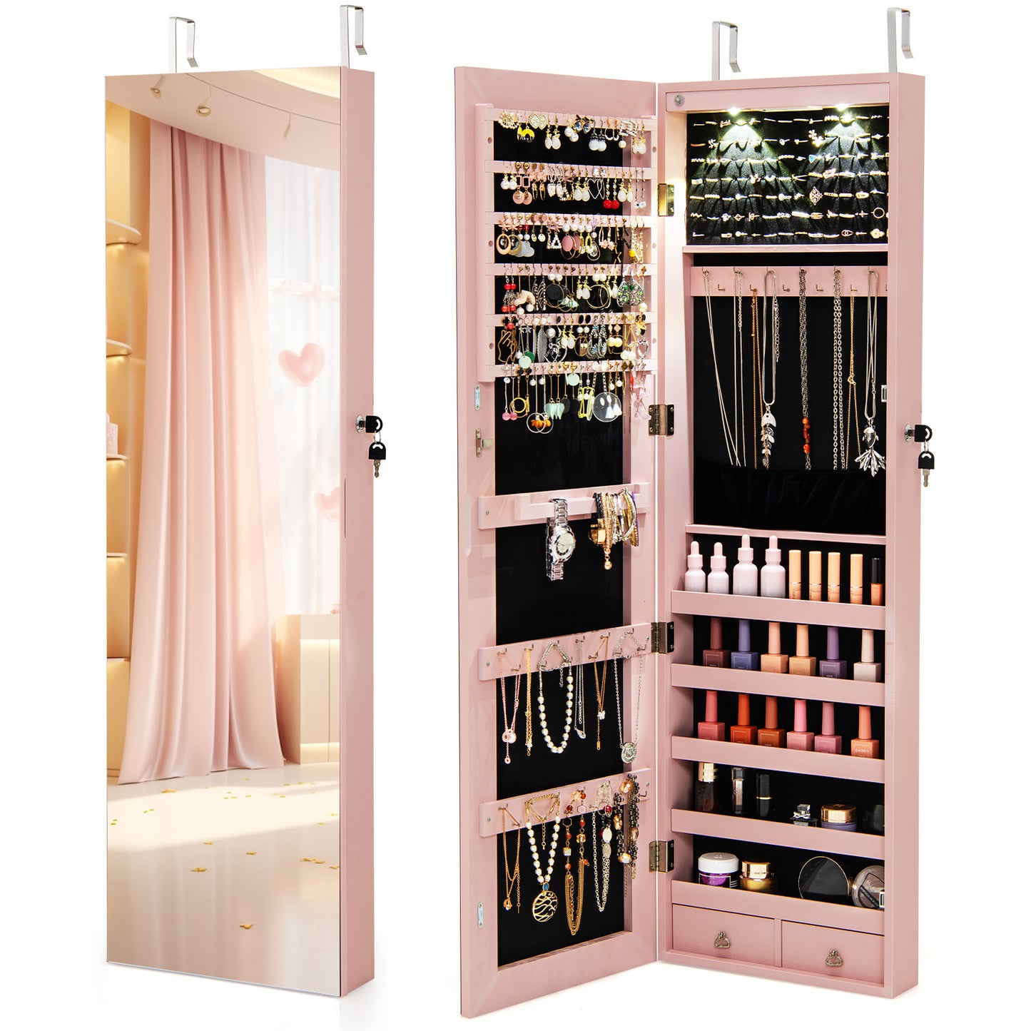 Giantex Jewelry Armoire Wall Door Mounted, Full Screen Lockable Jewelry Cabinet for Bedroom w/ LED Lights and Frameless Mirror (Pink)