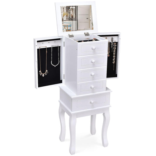 Giantex 5 Drawers Jewelry Armoire Cabinet, Standing Jewelry Storage Chest with Flip Top Mirror, Side Swing Doors Wooden Jewelry Organizer, Christmas Extra Capacity Jewelry Furniture, White