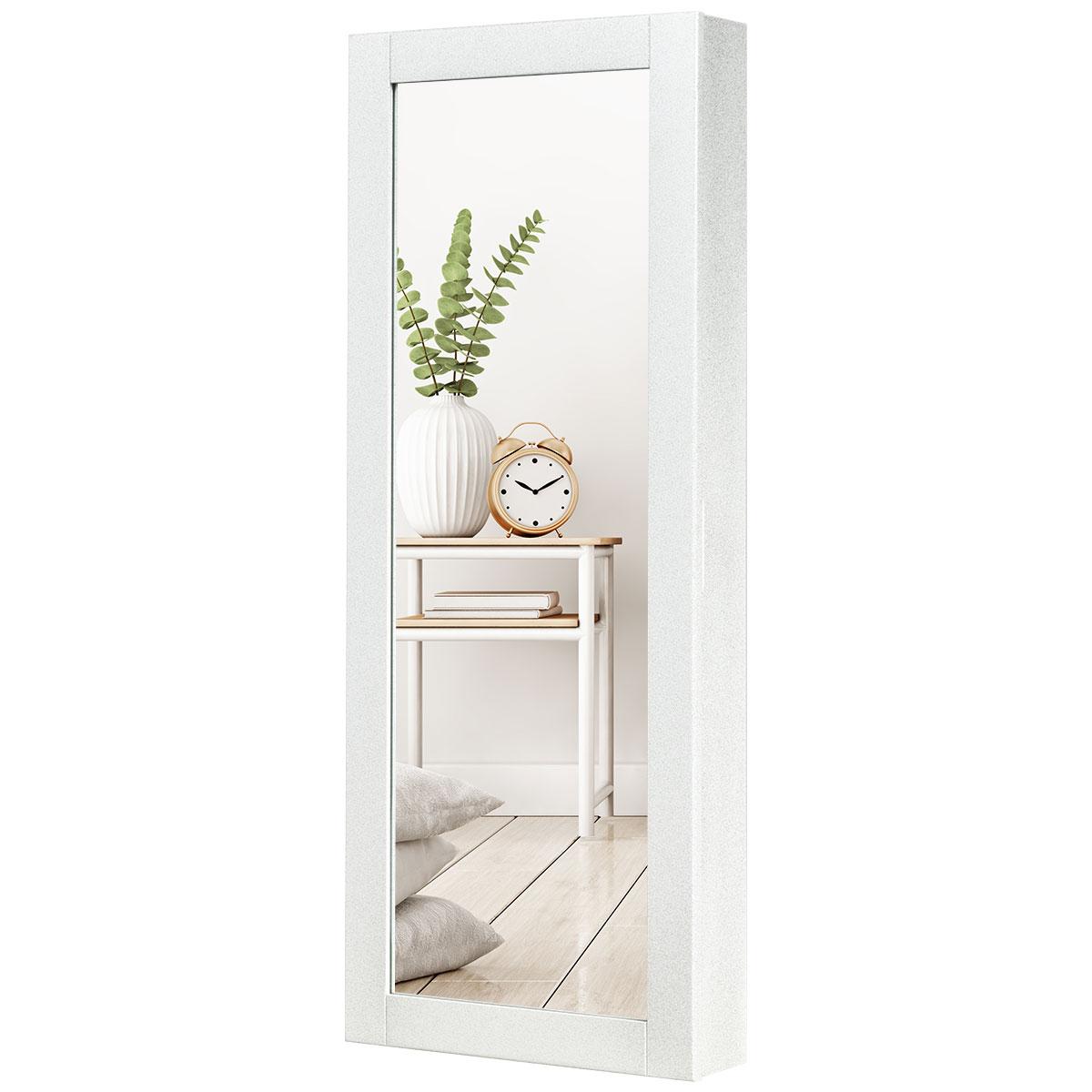 Giantex Wall Mounted Jewelry Armoire Cabinet with Mirror, Jewelry Organizer Storage with Earring Slots, Necklace Hooks, Ring Slots and Scarf Rod, Flash Silvery