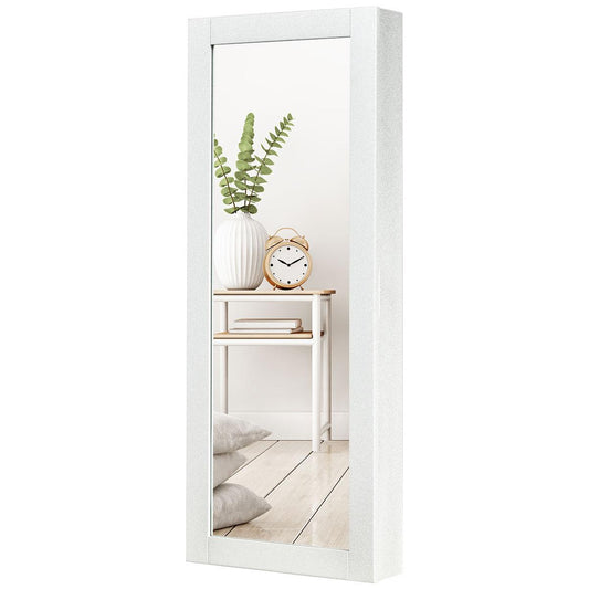 Giantex Wall Mounted Jewelry Armoire Cabinet with Mirror, Jewelry Organizer Storage with Earring Slots, Necklace Hooks, Ring Slots and Scarf Rod, Flash Silvery