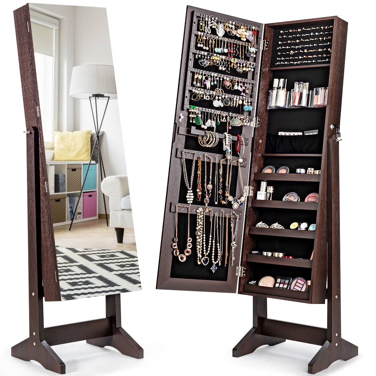 Giantex Jewelry Armoire Cabinet, Standing Frameless Full Length Mirror Makeup, Large Storage Lockable Organizer, 4 Angle Adjustable, Brown