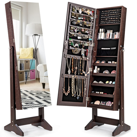 Giantex Jewelry Armoire Cabinet, Standing Frameless Full Length Mirror Makeup, Large Storage Lockable Organizer, 4 Angle Adjustable, Brown