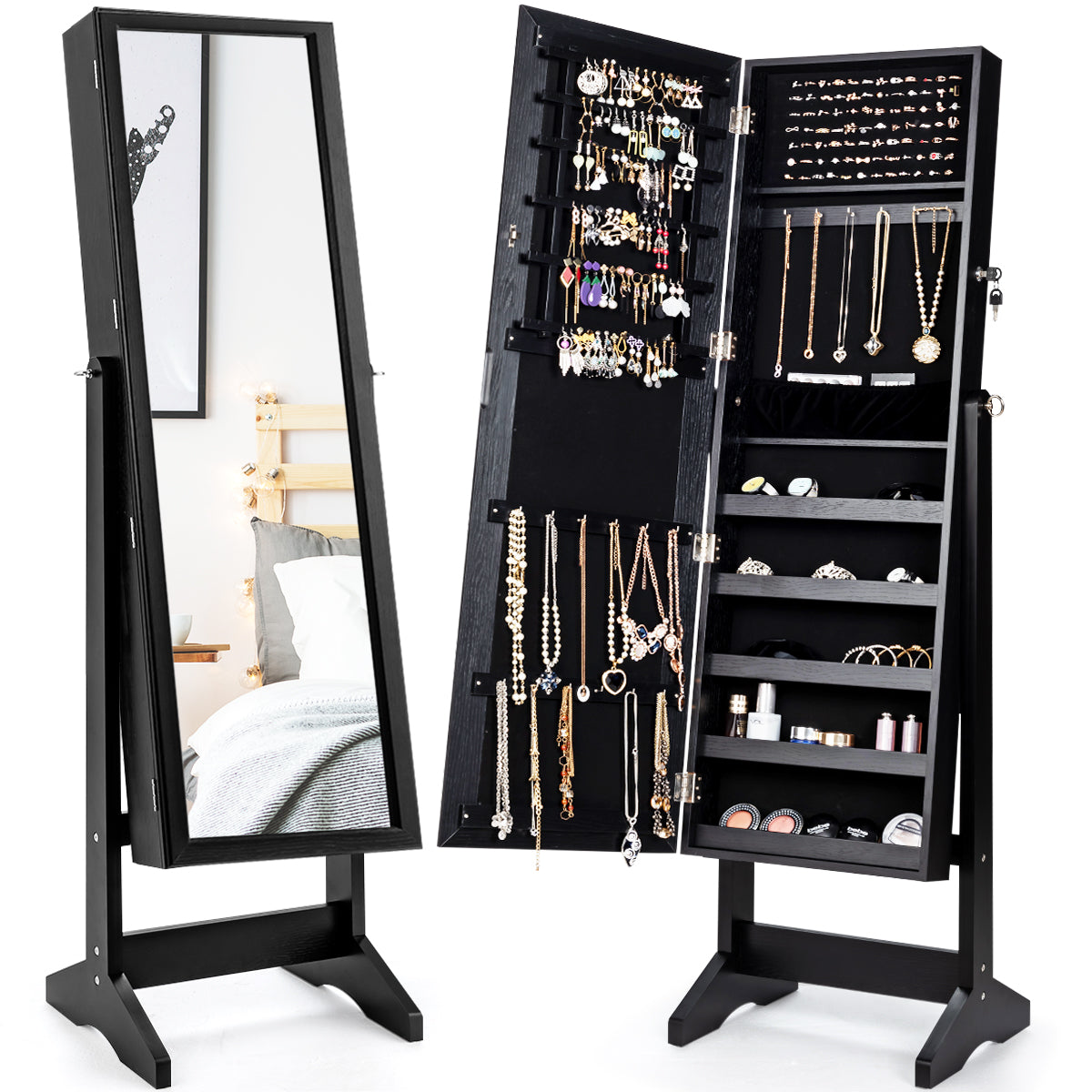 Giantex Jewelry Cabinet Armoire, Large Storage Lockable Organizer with Frameless Free Standing Dressing Mirror(Black)