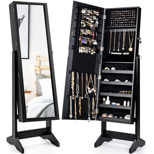 Giantex Jewelry Cabinet Armoire, Large Storage Lockable Organizer with Frameless Free Standing Dressing Mirror(Black)