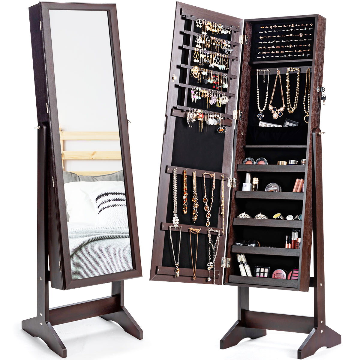 Giantex Jewelry Cabinet Armoire, Large Storage Lockable Organizer with Frameless Free Standing Dressing Mirror(Brown)