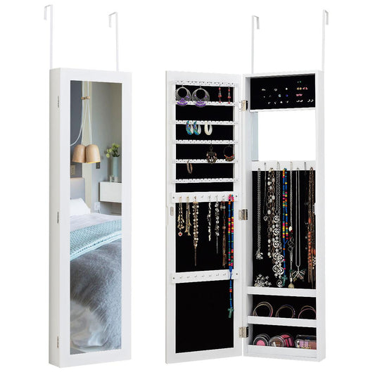 Giantex Wall Door Mounted Mirrored Jewelry Cabinet Jewelry Armoire Storage Organizer with Full Length Mirror Jewelry Cabinets (White)